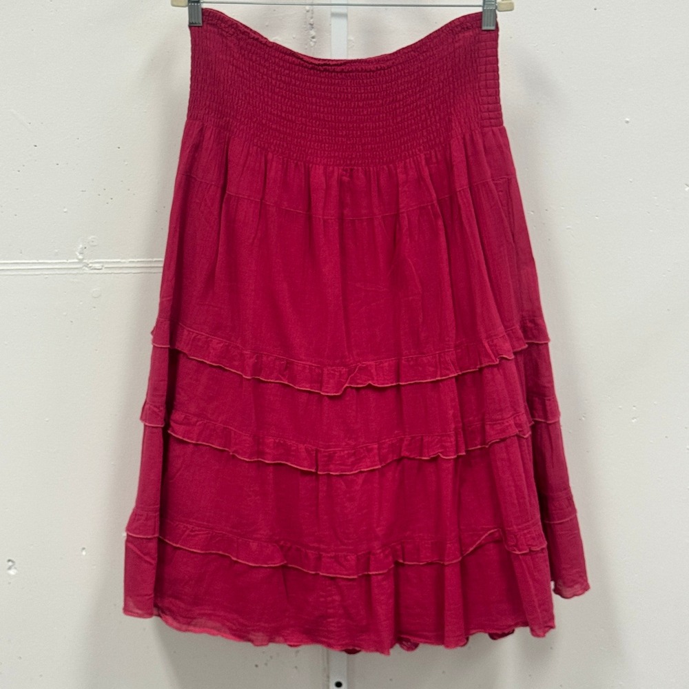 Cabi Raspberry Pink Tiered Cotton Midi Skirt Smocked Waist Boho Medium‎ Picnic